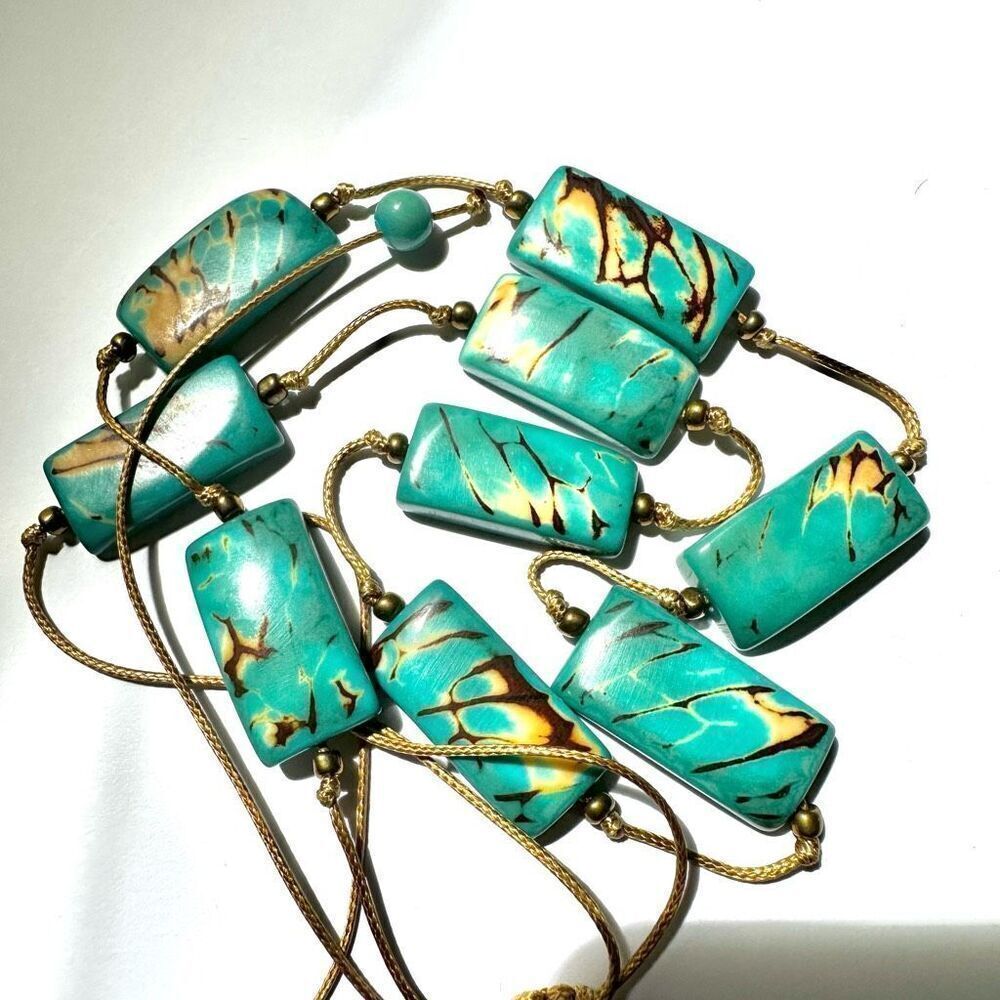 Bronzite and faux turquoise beaded adjustable necklace - Picture 2 of 9